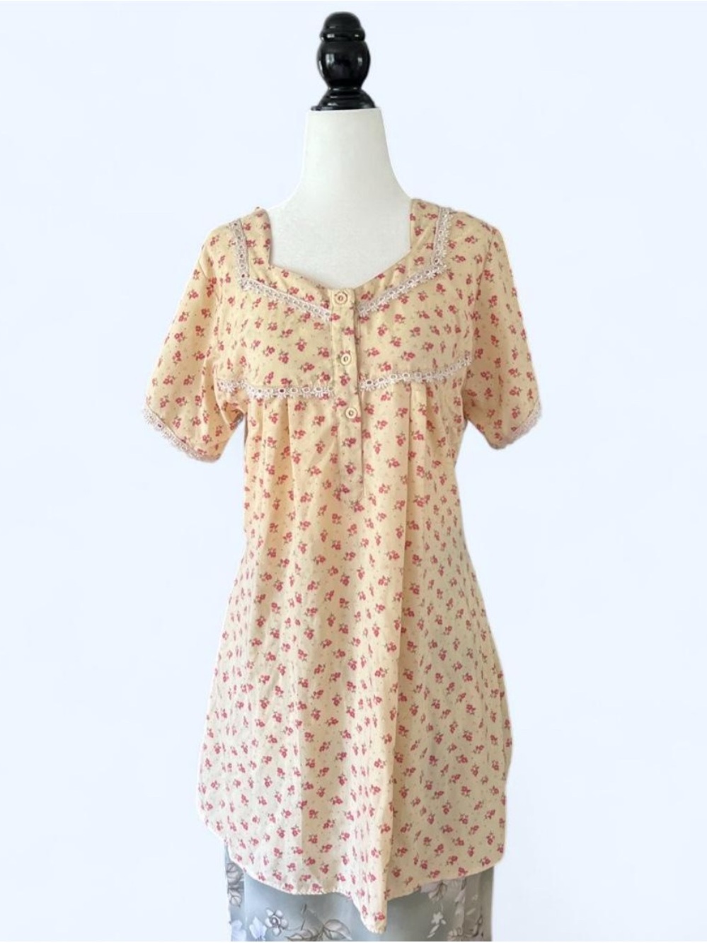 Vintage Cottagecore Floral Lace Nightgown Square Neck Top Dress XL